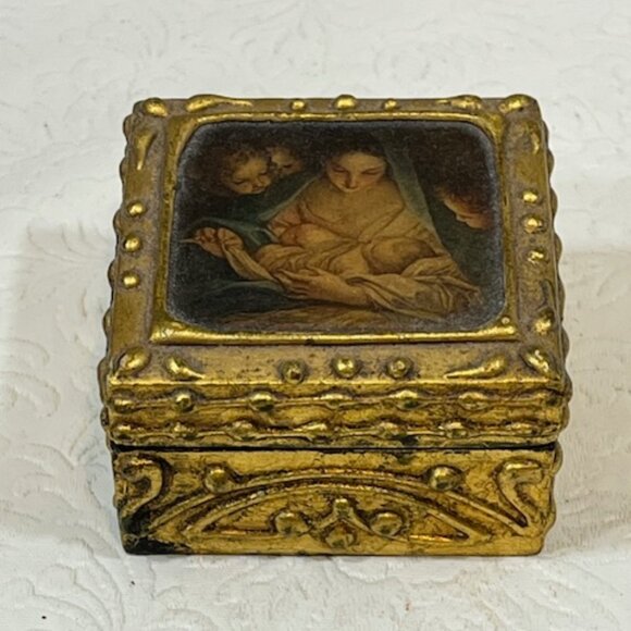 VTG Italian Florentine Mini Wooden Trinket Box Madonna & Child Hinged 2.5" - Picture 5 of 16